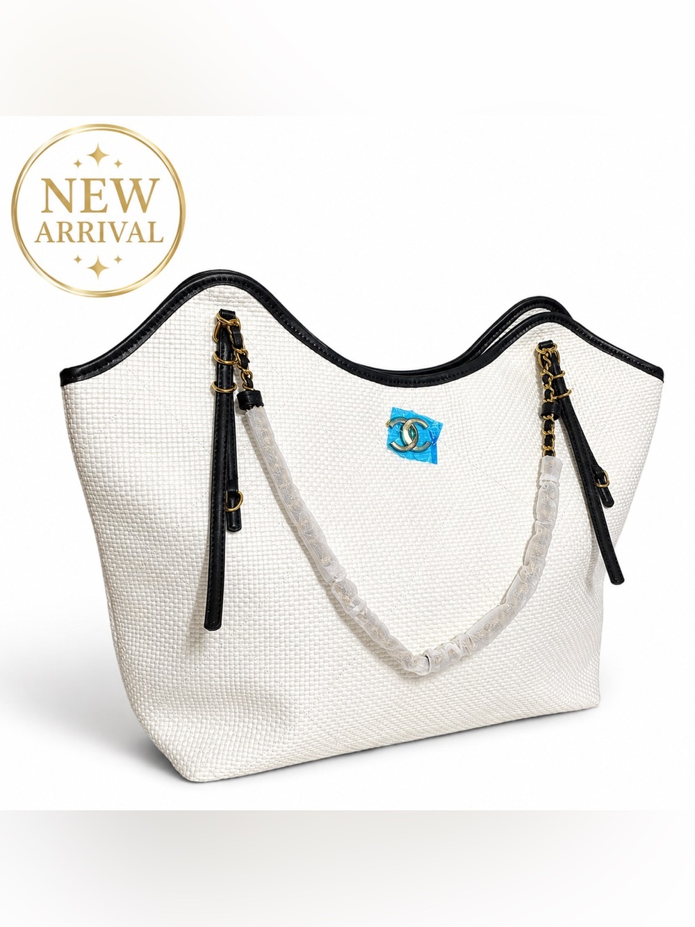 🤍 Women’s White Woven Tote with Black Trim & Chain Handles 🤍